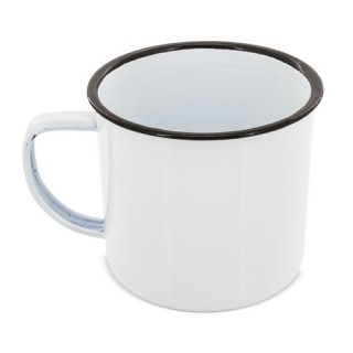 Taza mug estilo retro de metal esmaltado blanco con borde de colores publicitaria